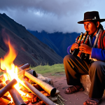 **Andean Musician with Zampona:** A Peruvian guide playing a haunting melody on his zampona (panpipe) by a campfire in the Andes mountains, with the Inca Trail visible in the background. The atmosphere should be mystical and evoke the spirits of the ancient Incas.