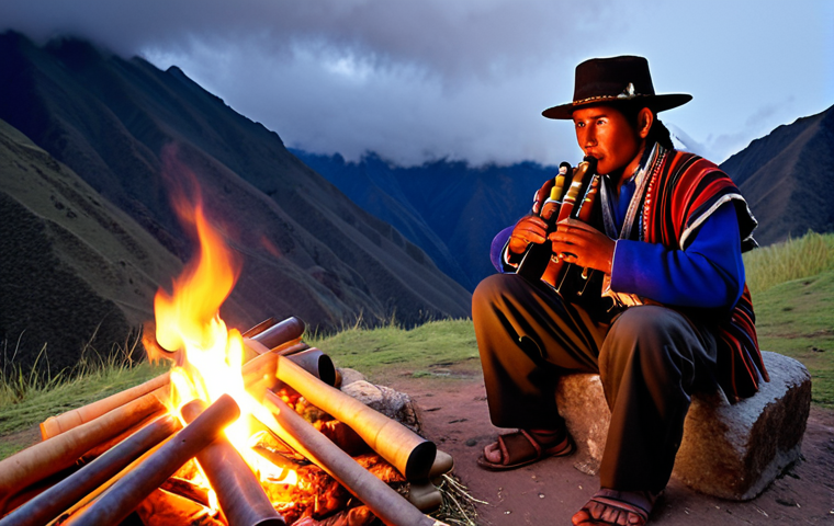 **Andean Musician with Zampona:** A Peruvian guide playing a haunting melody on his zampona (panpipe) by a campfire in the Andes mountains, with the Inca Trail visible in the background. The atmosphere should be mystical and evoke the spirits of the ancient Incas.