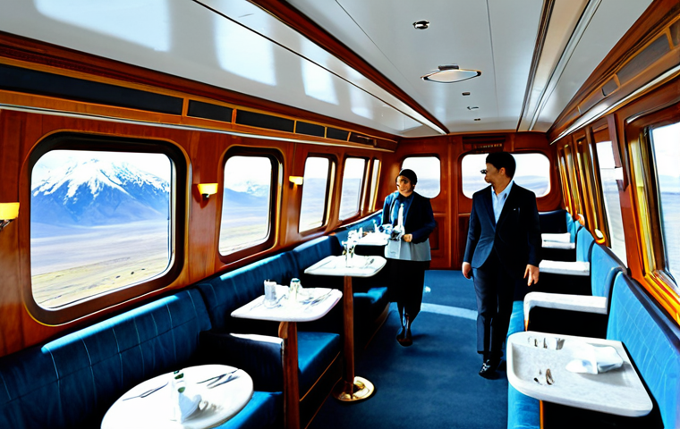 An ultra-luxury train observation car interior, featuring plush, comfortable seating and an open bar area. Elegant, fully clothed passengers in modest, professional travel attire are enjoying the journey. Through expansive, panoramic windows, a breathtaking high-altitude Andean landscape unfolds: majestic snow-capped peaks, a vast golden Altiplano stretching to the horizon, and a clear, deep blue sky. Soft, ambient lighting illuminates the sophisticated space. Professional photography, cinematic, highly detailed, perfect anatomy, correct proportions, natural pose, well-formed hands, proper finger count, natural body proportions, safe for work, appropriate content, fully clothed, professional dress, family-friendly.