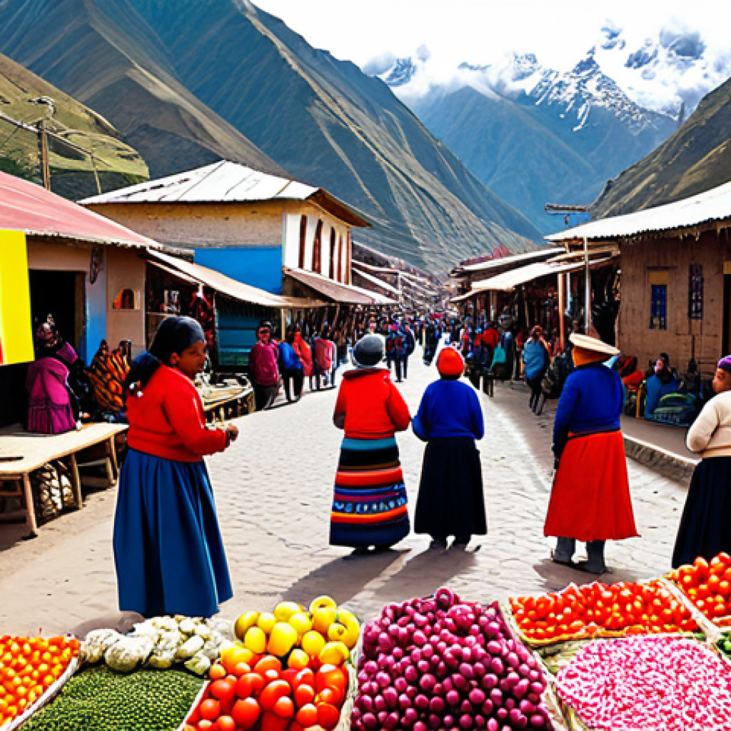 페루의 대표적인 문학 작품 - Regional Peruvian Market Scene**

"A bustling marketplace in a small Andean village, Peru. Vendors i...