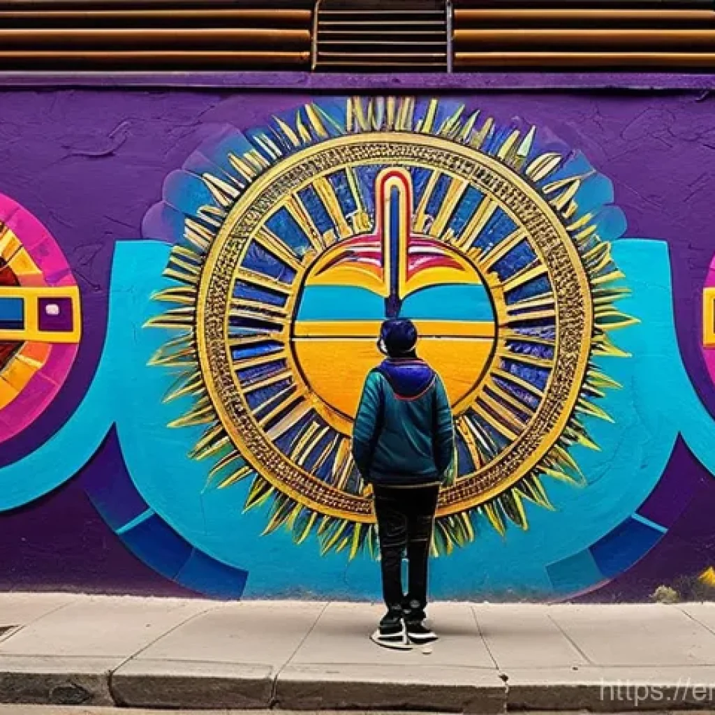 페루에서 가장 흔한 길거리 예술 - **Peruvian Ancestral Echoes Mural**
    "A vibrant street art mural painted on a weathered concrete ...