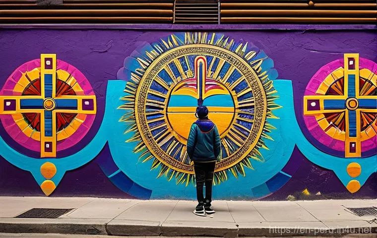 페루에서 가장 흔한 길거리 예술 - **Peruvian Ancestral Echoes Mural**
    "A vibrant street art mural painted on a weathered concrete ...