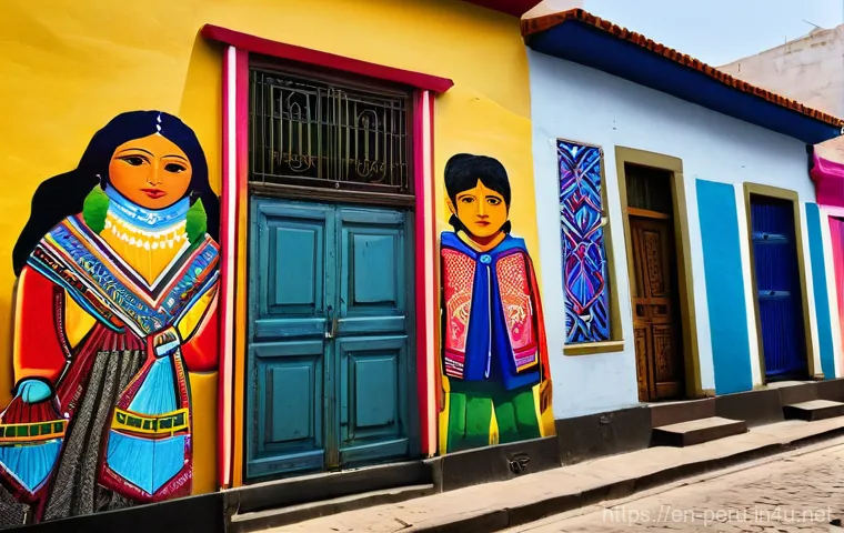 페루에서 가장 흔한 길거리 예술 - **Peruvian Ancestral Echoes Mural**
    "A vibrant street art mural painted on a weathered concrete ...