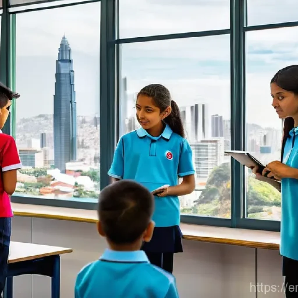 페루 교육 제도 분석 - **Urban Classroom of the Future in Lima:** A brightly lit, modern classroom in a bustling urban area...
