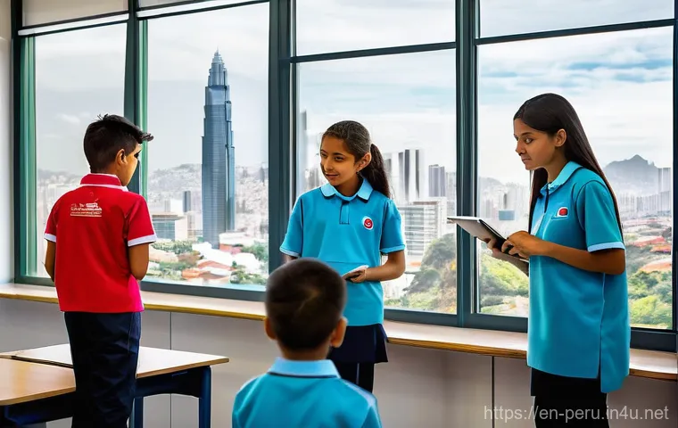 페루 교육 제도 분석 - **Urban Classroom of the Future in Lima:** A brightly lit, modern classroom in a bustling urban area...