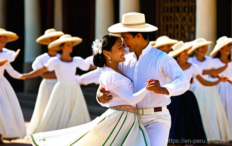 페루에서 만날 수 있는 전통 춤 - **Prompt for Marinera Dance:**
    "A full-body shot of a Peruvian Marinera dance couple performing ...
