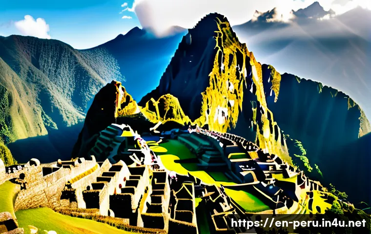 페루에서 유적지 보호법 - A panoramic view of Machu Picchu archaeological site during golden hour, showcasing ancient Incan st...