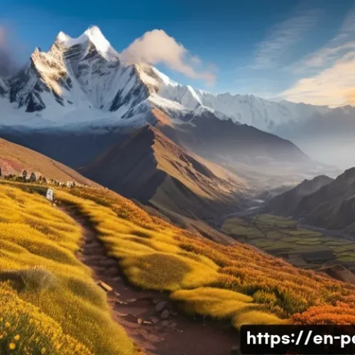페루에서 추천하는 트레킹 코스 - A panoramic view of the Andean highlands during sunrise, featuring snow-capped mountain peaks glowin...