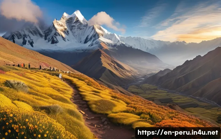 페루에서 추천하는 트레킹 코스 - A panoramic view of the Andean highlands during sunrise, featuring snow-capped mountain peaks glowin...
