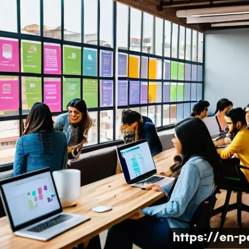 페루에서 가장 인기 있는 직업 - A vibrant urban tech hub scene in Lima, Peru, showing diverse young professionals collaborating in a...