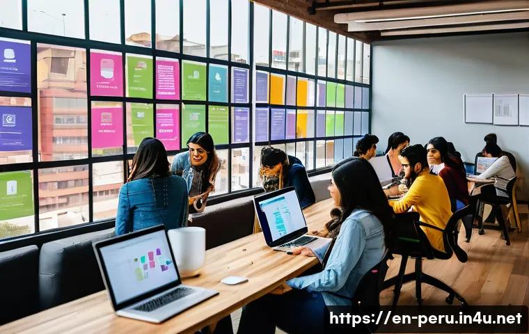 페루에서 가장 인기 있는 직업 - A vibrant urban tech hub scene in Lima, Peru, showing diverse young professionals collaborating in a...
