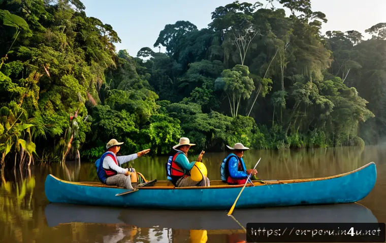 페루에서 추천하는 에코 투어 - Photorealistic eco-tourism scene in the Peruvian Amazon at sunrise, a small silent electric canoe ca...