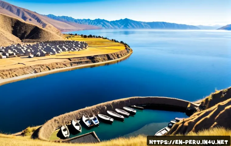 Home 17 페루에서 가장 큰 호수 - Photorealistic panoramic aerial view of Lake Titicaca, the largest lake in Peru, deep blue water str...