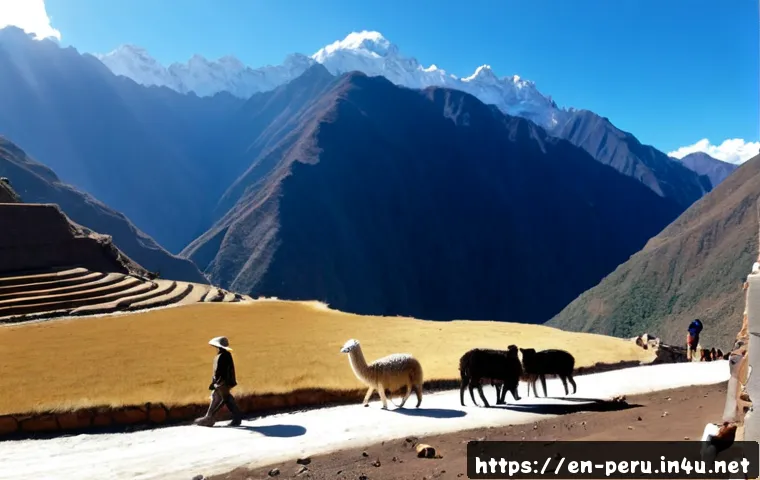 페루 기후 계절별 특징 - Photorealistic panoramic view of Peru’s dry-season Andes near Cusco, golden terraced hills and rugge...